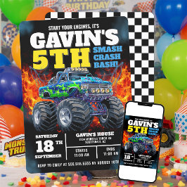 Monster Truck Cool Blue 5. Geburtstag Personalisie Einladung