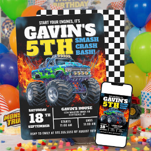 Monster Truck Cool Blue 5. Geburtstag Personalisie Einladung