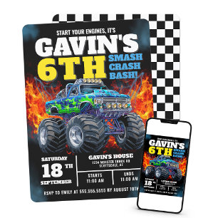 Monster Truck Cool Blue 6. Geburtstag Personalisie Einladung