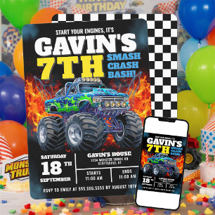 Monster Truck Cool Blue 7. Geburtstag Personalisie Einladung