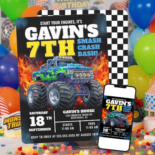 Monster Truck Cool Blue 7. Geburtstag Personalisie Einladung