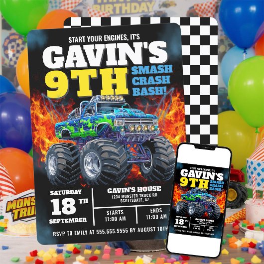 Monster Truck Cool Blue 9. Geburtstag Personalisie Einladung