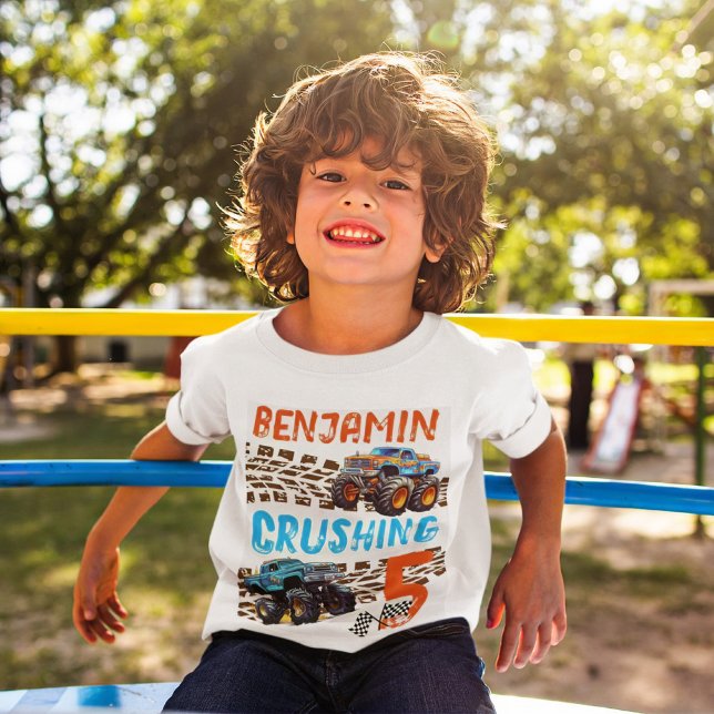 Monster Truck Crushing 5 - 5th Birthday T-Shirt (Boy's Monster Truck-Themed "Crushing 5" Name T-Shirt)