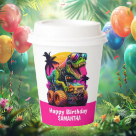 MONSTER TRUCK Dinosaur Birthday Pink Pappbecher