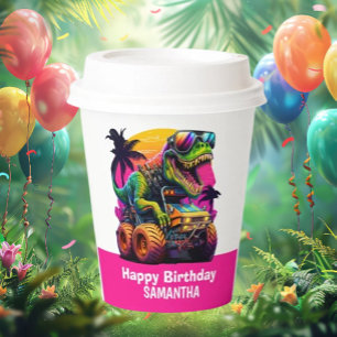 MONSTER TRUCK Dinosaur Birthday Pink Pappbecher
