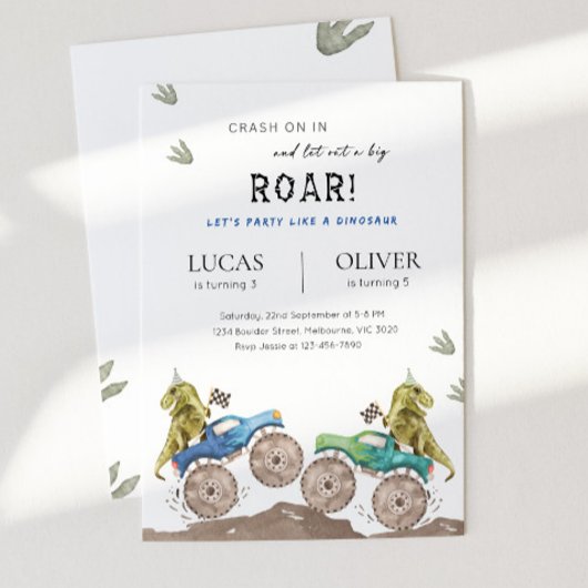 Monster Truck & Dinosaur Siblings Joint Birthday Einladung
