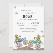 Monster Truck & Dinosaur Siblings Joint Birthday Einladung (Vorderseite)