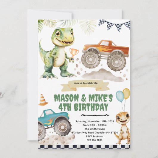 Monster truck dinosaur theme invitation einladung (Vorderseite)