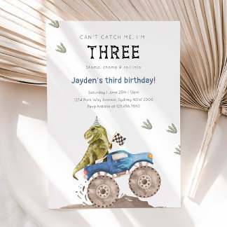 Monster Truck & Dinosaurier 3. Geburtstag Party Einladung