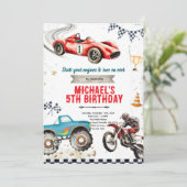 Monster truck Dirt Bikes and race car theme invite Einladung (Stehend Vorderseite)