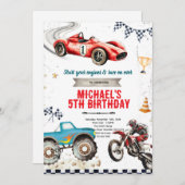 Monster truck Dirt Bikes and race car theme invite Einladung (Vorne/Hinten)