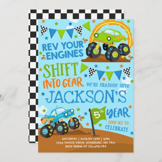 Monster Truck Einladung Monster Truck Geburtstag (Vorne/Hinten)