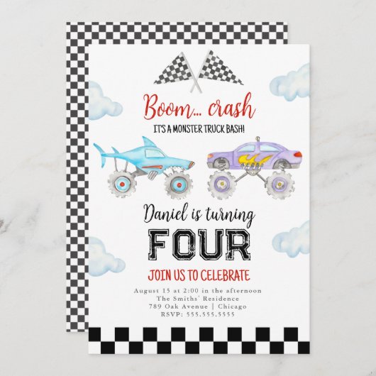 Monster Truck Einladung zum Geburtstag (Vorne/Hinten)