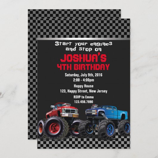 Monster Truck Einladung zum Geburtstag (Vorne/Hinten)