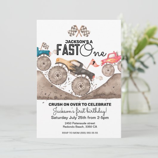 Monster Truck FAST ONE Birthday Einladung (Stehend Vorderseite)