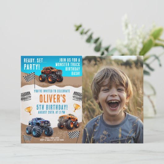Monster Truck Geburtstag mit Foto Einladung (Stehend Vorderseite)