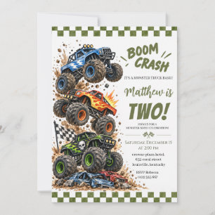 Monster-Truck-Geburtstag mit kariertem Boom-Crash- Einladung