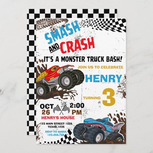 Monster Truck Geburtstagsparty Einladung (Vorne/Hinten)