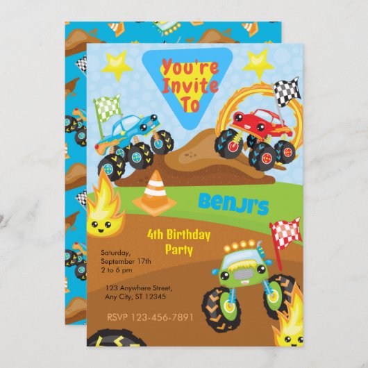 Monster Truck Geburtstagsparty Einladung (Vorne/Hinten)