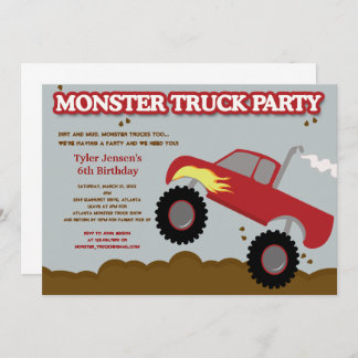 Monster Truck Geburtstagsparty (Rot / Grau Farben) Einladung