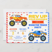Monster Truck Joint Birthday Invitation Siblings Einladung (Vorderseite)
