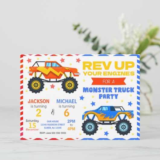 Monster Truck Joint Birthday Invitation Siblings Einladung (Stehend Vorderseite)