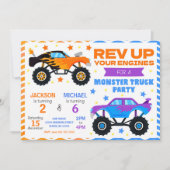 Monster Truck Joint Birthday Invitation Siblings Einladung (Vorderseite)