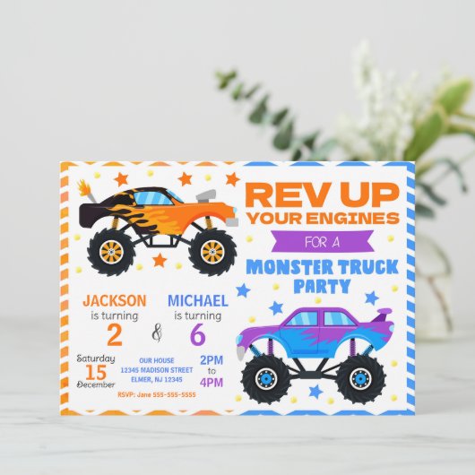 Monster Truck Joint Birthday Invitation Siblings Einladung (Stehend Vorderseite)