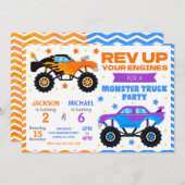 Monster Truck Joint Birthday Invitation Siblings Einladung (Vorne/Hinten)