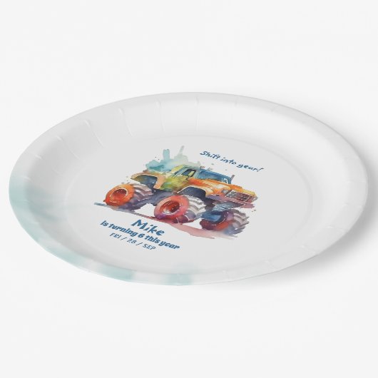 Monster Truck Junge Geburtstag Pappteller (Schrägansicht)