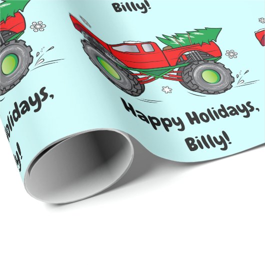 Monster Truck mit Weihnachtsbaum-Namen anpassen Geschenkpapier (Rolleneckpunkt)