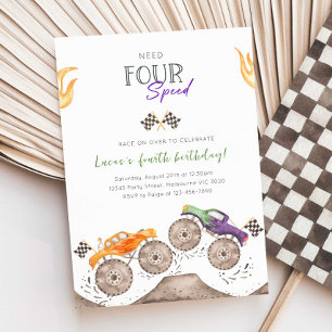Monster Truck Need Four Speed 4. Geburtstagseinlad Einladung