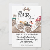 Monster Truck Need FOUR speed 4th birthday Einladung (Vorderseite)