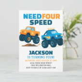 Monster Truck Need Four Speed Birthday Foto Einladung (Stehend Vorderseite)