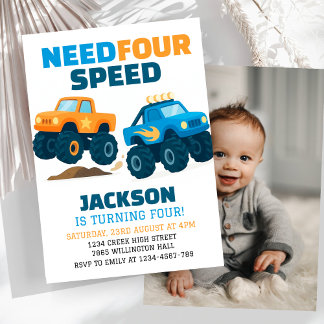 Monster Truck Need Four Speed Birthday Foto Einladung