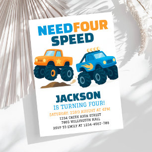 Monster Truck Need Four Speed Vierten Geburtstag Einladung