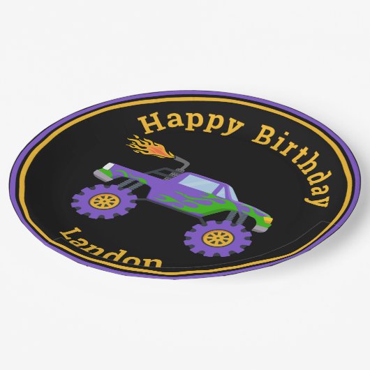 Monster Truck Personalisierter Name Cool Geburtsta Pappteller (Schrägansicht)