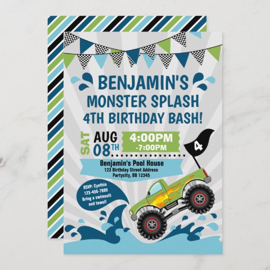 Monster Truck Pool Party Sommer Geburtstag Einladung (Vorne/Hinten)