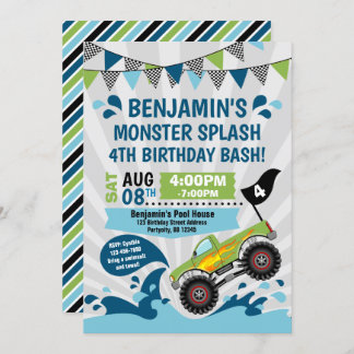 Monster Truck Pool Party Sommer Geburtstag Einladung