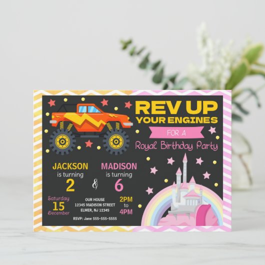 Monster Truck & Princess Joint Birthday Invitation Einladung (Stehend Vorderseite)