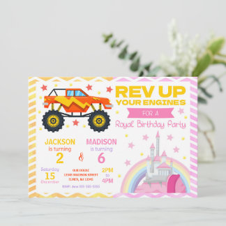 Monster Truck & Prinzessin Gemeinsame Geburtstagse Einladung