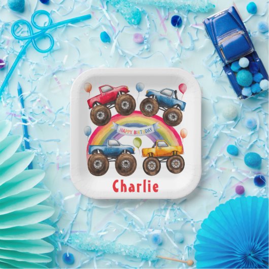 Monster Truck Rainbow Boy Birthday Bash Pappteller (Party)