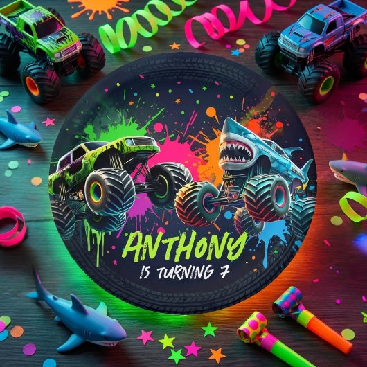 Monster Truck Shark Birthday Paper Plates Pappteller