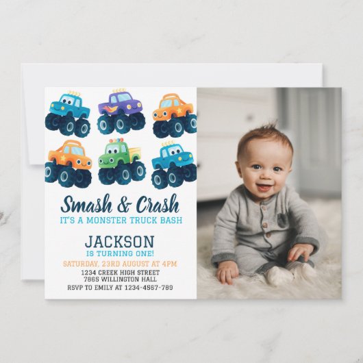 Monster Truck Smash and Crash Birthday Foto Einladung (Vorderseite)