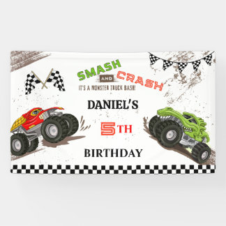 Monster truck smash and crash cute 5th birthday banner