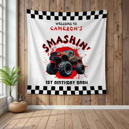 Monster Truck Smash Checkered 1. Geburtstag Willko Wandteppich