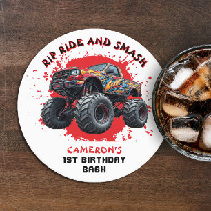 Monster Truck Smash Checkered Flag 1. Geburtstag Runder Pappuntersetzer
