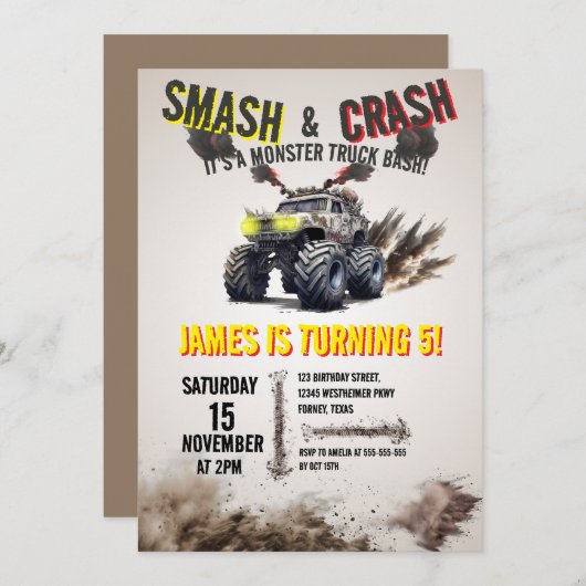 Monster Truck SMASH & CRASH Bash Birthday Party Einladung (Vorne/Hinten)