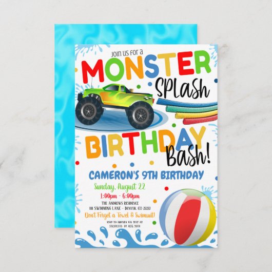 Monster Truck Splash Birthday Bash Party Einladung (Vorne/Hinten)