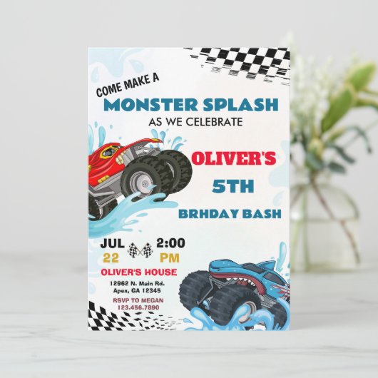 Monster Truck Splash Birthday Bash Party Einladung (Stehend Vorderseite)
